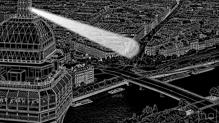 Illustration en noir et blanc d'un faisceau lumineux de la tour Eiffel pointant le Reflet des luminaires Lalique dans un miroir du Façade du Théâtre des Champs-Elysées