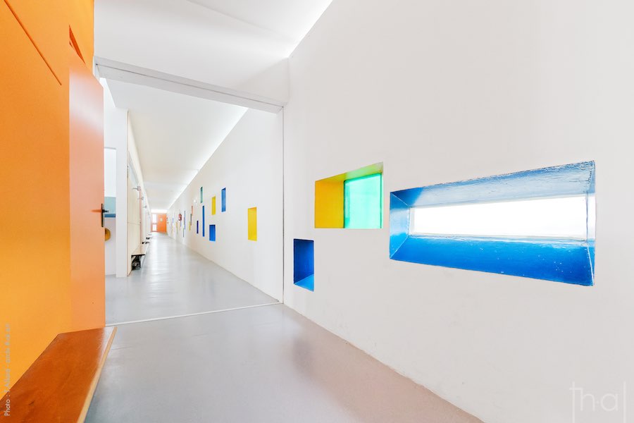 Interior corridor of Le Corbusier's school in Firminy, France