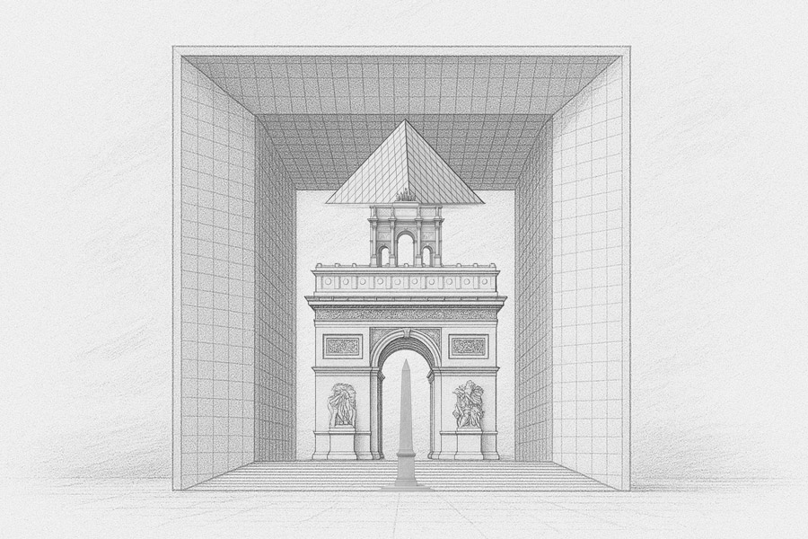 Dessin des 3 monuments de l'axe historique parisien empilés dans la Grande Arche