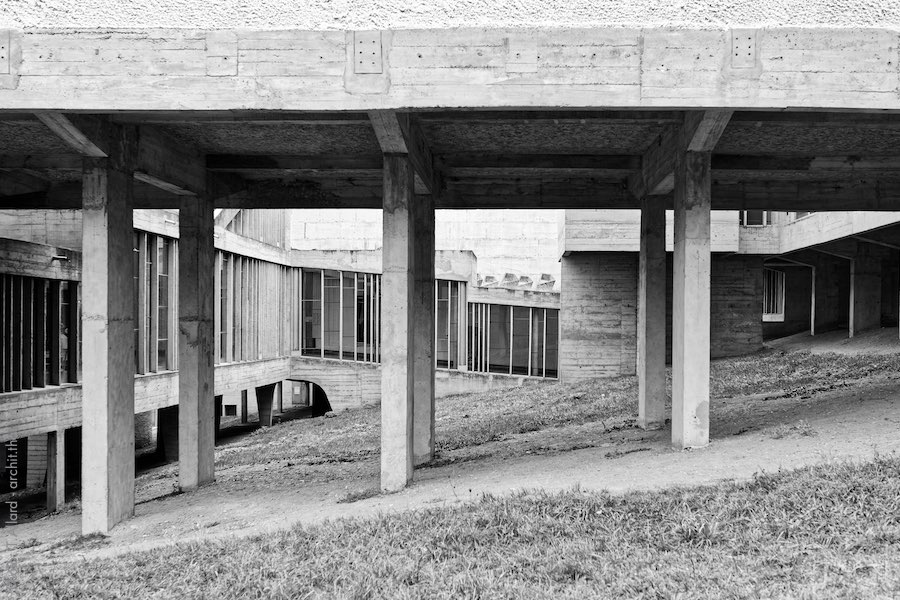 Concrete pillars under the convent of La Tourette by the architect Le Corbusier