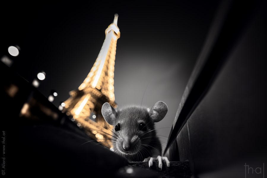 Image générée avec l'IA Midjourney d'un rat dans un caniveau devant la Tour Eiffel de nuit.