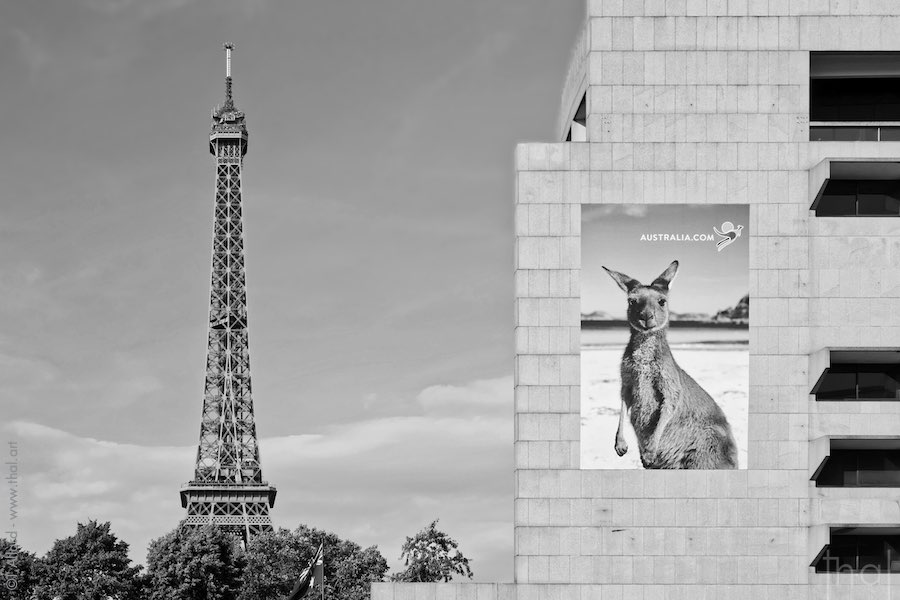 Kangaroo poster on the Australian Embassy next to the Eiffel Tower