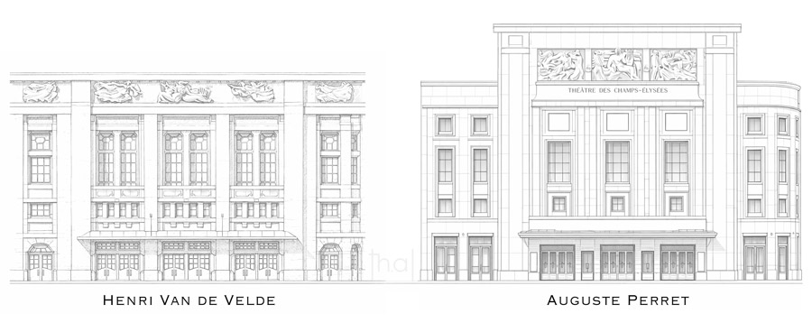 Projets de façade du Théâtre des Champs-Elysées de Van de Velde et Auguste Perret
