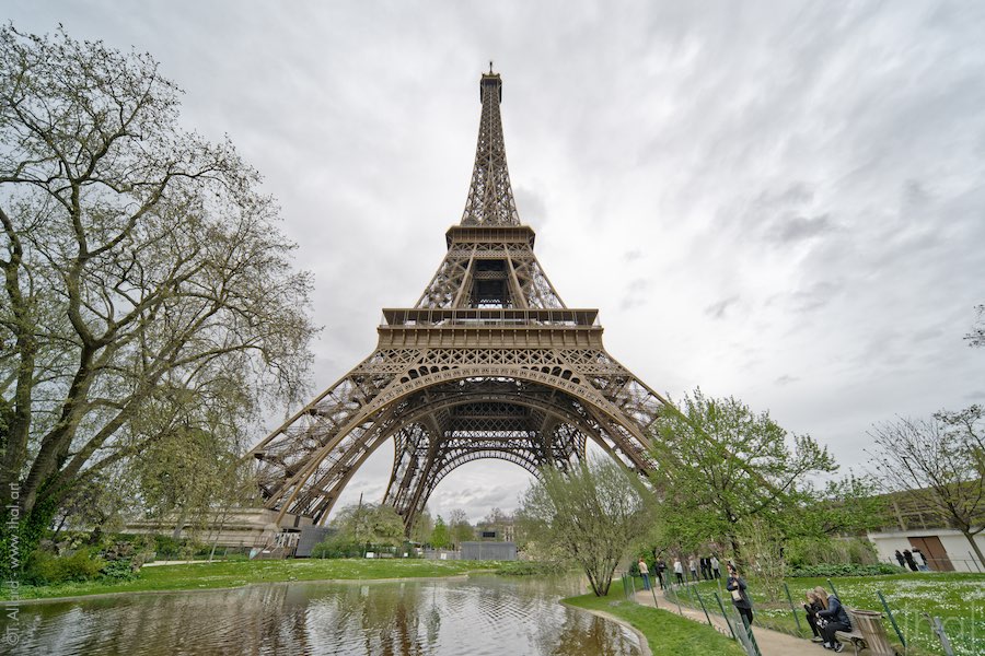 A bird's-eye view of the Eiffel Tower from the ground