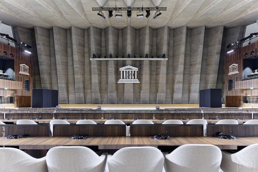 Concrete interior of the auditorium at UNESCO headquarters in Paris