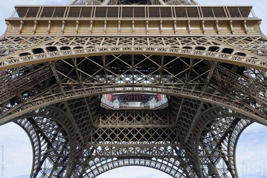 view from under the restaurant on the 1st floor of the Eiffel Tower