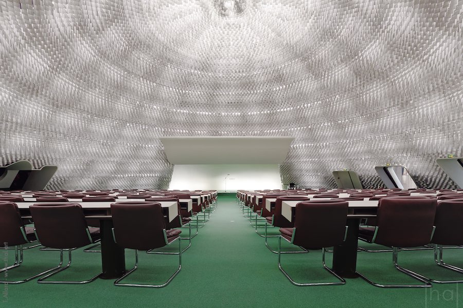 View of the futuristic conference room at the Espace Niemeyer in Paris